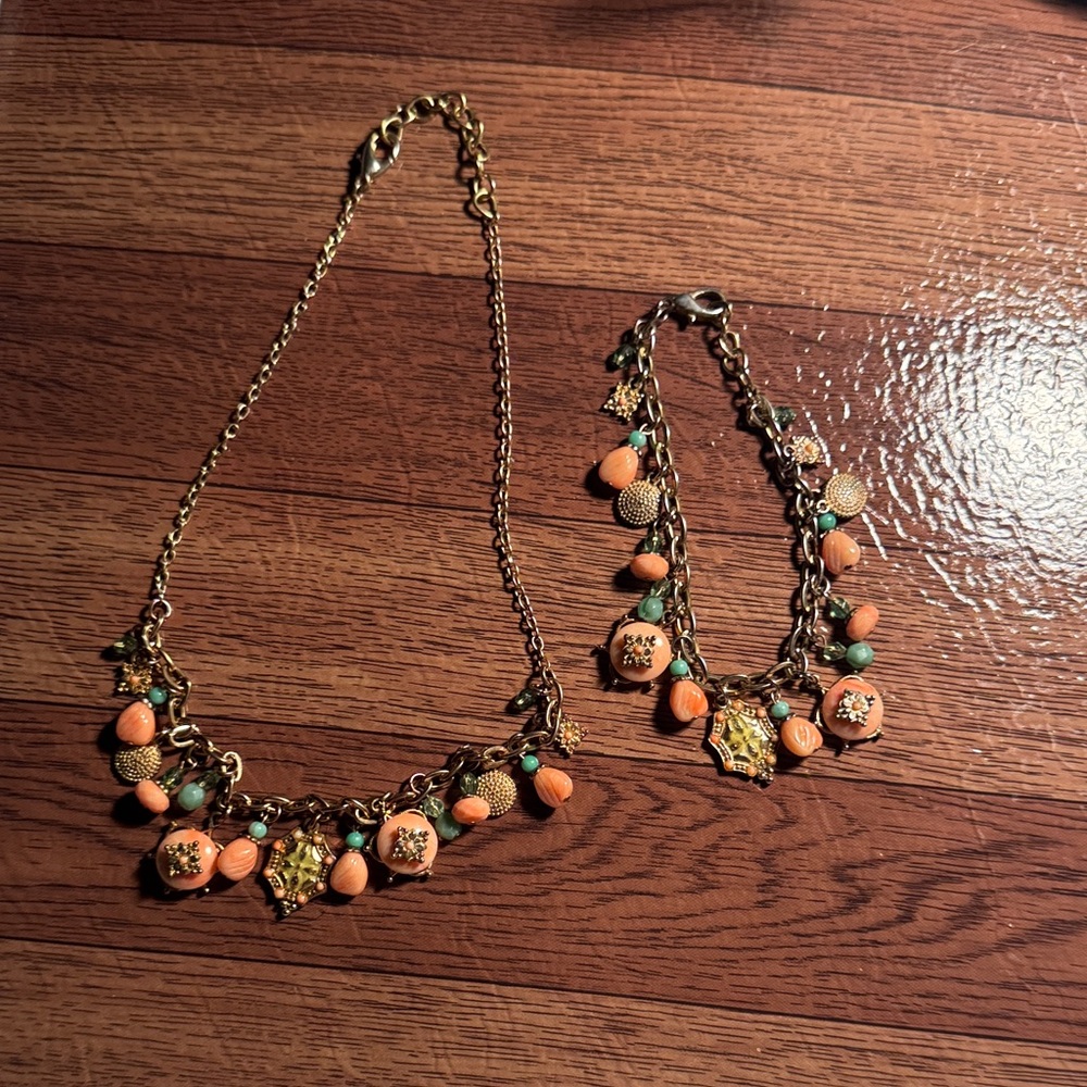 Gold and Orange Charm Necklace and Bracelet Set